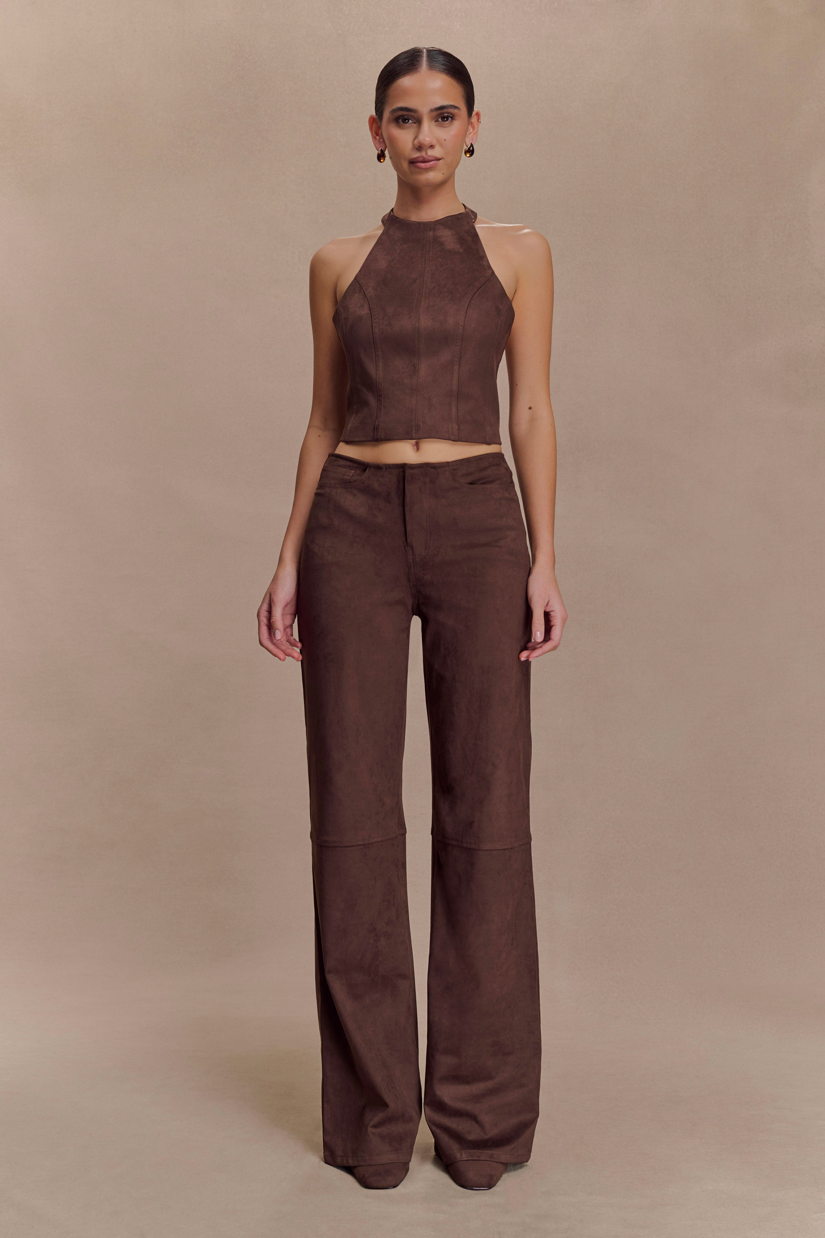 Logan Faux Suede Halter Top - Dark Chocolate