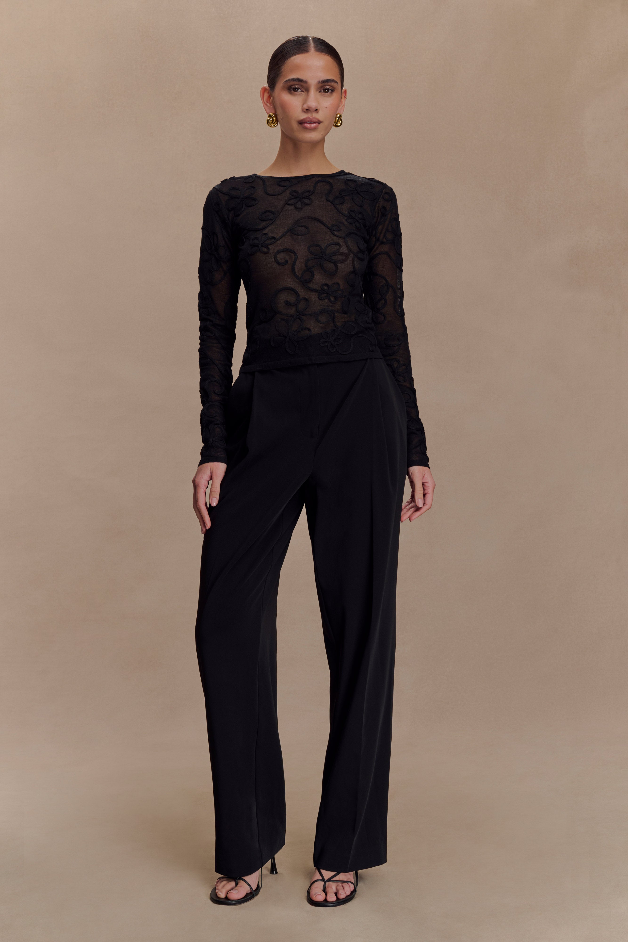 Omari Embroidery Long Sleeve Knit Top - Black